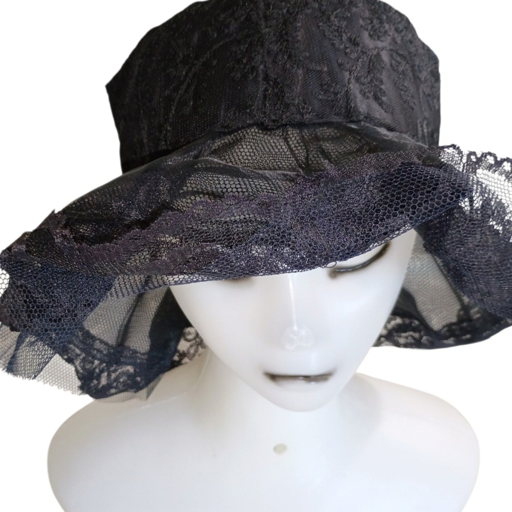 Handmade African Black Lace Mesh Wide Brim Church Occasion Hat